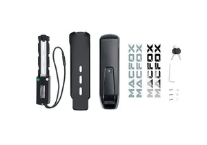 Product image showing the Macfox X7/X7L eBike Dual Battery Upgrade Kit, featuring two batteries and connection components arranged for display.