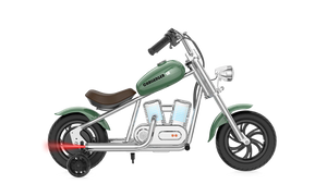 Green eMOTO Hyper Gogo Challenger 12 Plus electric bike with training wheels, shown in profile, featuring app connectivity