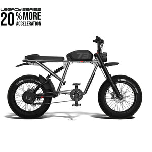 Super73 R SE Brooklyn electric bike in matte black, side view, parked on a city street with urban buildings in the background.