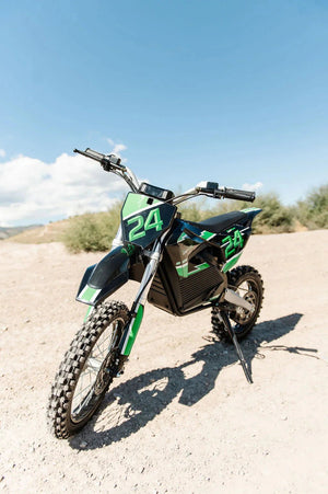 A black eMOTO eBike Drift Hero 2500w dirt bike with rugged tires, sturdy frame, and front suspension, displayed on a white background.