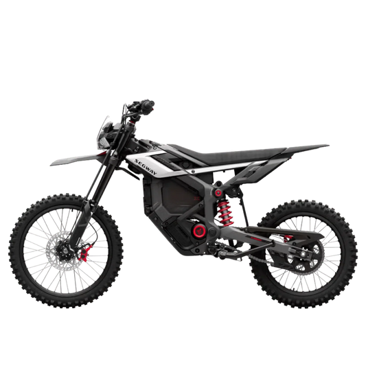 Black Segway Xaber 300 electric motorcycle, side view, displayed on a white background.