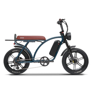 Retro blue KASEN Kabbit Plus 2.0 electric bike with 1000W motor, 20x4 fat tires, and e-moto style design.