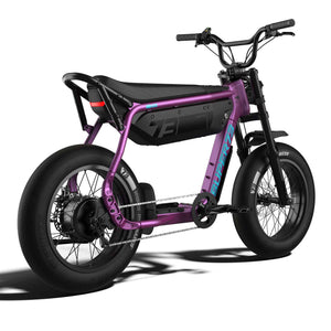 Side view of the eMOTO eBike Super73 B1G SE in a showroom, highlighting its frame, tires, and handlebars.