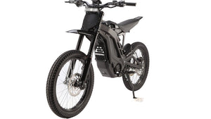 Side view of the eMOTO eRide Pro SS 3.0 Electric Dirt Bike in black, showcasing its 72v 6000W motor, rugged tires, and modern frame design.
