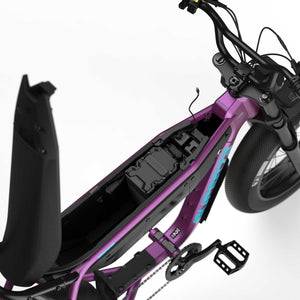 Side view of the eMOTO eBike Super73 B1G SE in a showroom, showcasing its black frame, thick tires, and minimalist design.