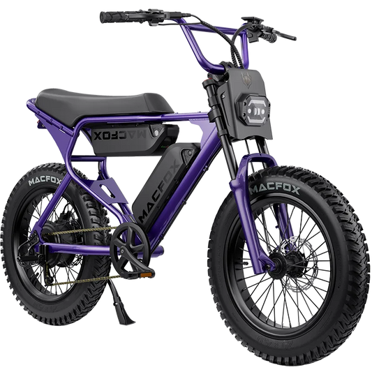 Macfox X1S electric moto-style eBike in Nebula Purple, dual battery