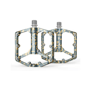 Yellow alloy bicycle pedals with a yellow camouflage pattern, shown in product image labeled "Yellow 10."