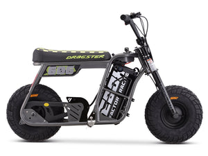 White eMOTO Stomp Ebox Dragster Micro Electric Pit Bike, side view, product image
