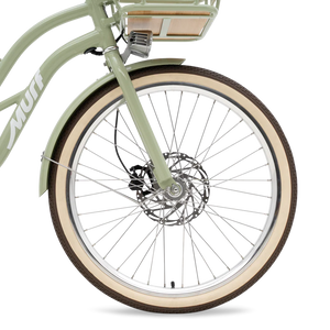 Side view of the eBike Murf Gigi 2.0 in a neutral setting, showcasing its step-through frame, wide tires, and rear cargo rack.