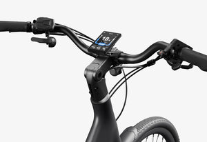 Side view of the Urtopia Carbon Classic Step Thru eBike in matte black, showcasing its lightweight carbon frame, step-through design, and sleek modern styling against a plain background.