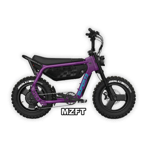 Super73 MZFT eMOTO eBike in Cullenberry color, shown in its original packaging inside the box