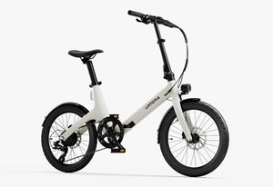 Side view of the Urtopia Carbon Fold Step Thru eBike in creme color, shown folded for compact storage.