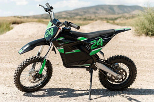 A black eMOTO eBike Drift Hero 2500w dirt bike with rugged tires, sturdy frame, and front suspension, displayed on a white background.