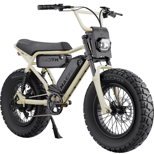 Macfox X2 Pro electric moto-style eBike in Desert Beige, dual battery
