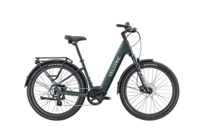 A Velotric Discover 2 electric bike in a side view, featuring a step-through frame, integrated battery, front suspension fork, and rear cargo rack, displayed against a plain background.