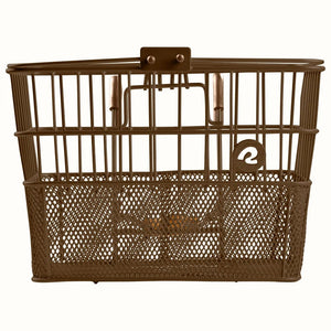 Brown Retrospec Apollo steel bike basket attached to an eBike, product image showing basket design and structure.
