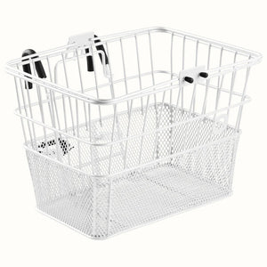 White Retrospec Apollo steel eBike basket attached to a bicycle, shown from a side angle against a plain background.