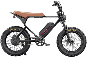A black MACFOX X1S commuter electric e-moto style eBike with step-over frame, 500W motor, and mini fat tires, shown from a side angle.