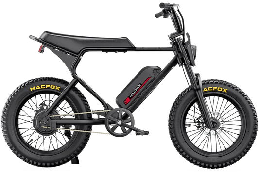 eMOTO MACFOX X1S Commuter Electric e-Moto Style eBike, step-over frame, 500W motor, mini fat tires, black color, side view, product image
