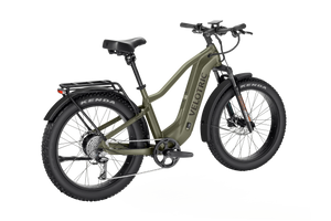 Velotric Nomad 2 eBike in high-step frame, olive green color, side view on white background