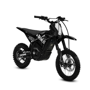 Black eMOTO Strike Shadow 48V electric motorcycle, side view, product image for pre-order, expected mid May 2026