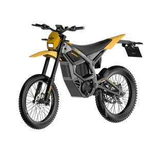 Yellow Freego Nova 5 electric bike, side view, standing on pavement with greenery in the background.