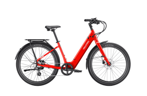 Red Velotric Breeze 1 eBike in classic scarlet color, side view, isolated on white background.