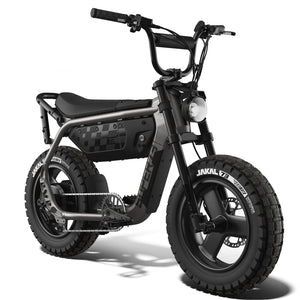 Super73 MZFT eMOTO eBike in Titanium Ore color, shown inside its original box with packaging materials.