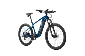 A black Velotric Summit 1 electric mountain bike with front suspension, thick all-terrain tires, and a sturdy frame, displayed on a white background.