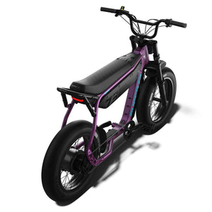 Side view of the eMOTO eBike Super73 B1G SE in a showroom, showcasing its black frame, thick tires, and minimalist design.