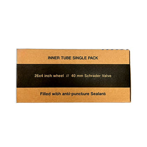 Product image of an eBike 26x4 fat tire self-sealing bicycle tube with a Schrader valve, designed for heavy-duty e-bike use.