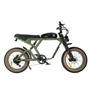 eMOTO eBike Revi Cougar Pro in Wild Green color, side view, displayed outdoors