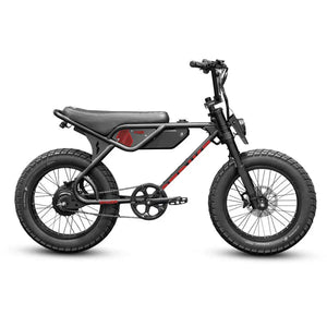 Side view of the eMOTO eBike Strike Spyder in black, showcasing its sleek frame, thick tires, and modern design against a plain background.