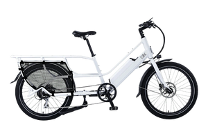 White Blix Packa Genie Step-Thru 750W electric cargo eBike, side view, with rear cargo rack