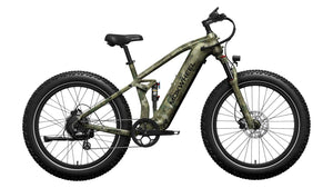 MOKWHEEL Obsidian eBike in camouflage color, side view, showcasing fat tires, front suspension, and sturdy frame design.