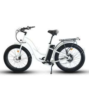 A black eBike fat tire step-thru 26x4 beach cruiser electric bike with a 52v battery, shown from the side against a white background.