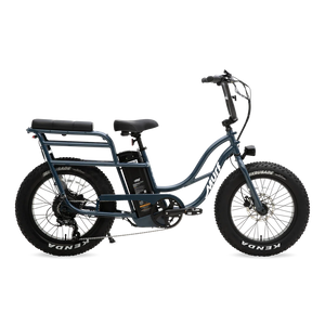 Marine blue Murf Higgs Plus eBike side view, showcasing step-through frame, wide tires, and rear rack