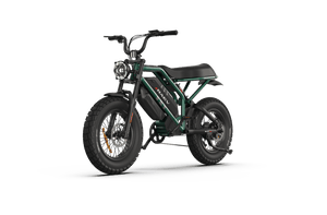 Side view of the eMOTO RAEV Bullet GTX Emoto eBike, a 1500W moto-style electric bike featuring dual suspension, black frame, thick tires, and a modern, rugged design.