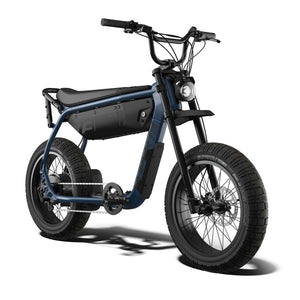 Side view of the eMOTO eBike Super73 B1G in a showroom, highlighting its frame, tires, and handlebars.