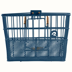 Navy blue Retrospec Apollo steel bike basket attached to the front of an eBike