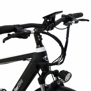JUPITER Electric Town eBike Tempo-Step Over, 350W electric road bike, side view, black frame, upright handlebars, city background