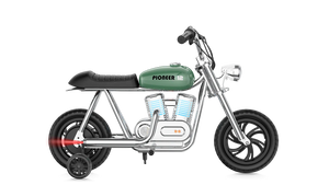 Green eMOTO Hyper Gogo Pioneer 12 Plus electric bike with training wheels, shown in side view, featuring app connectivity.