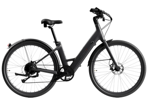 Matte black Urtopia Carbon Classic Step Thru eBike, side view, against a plain background