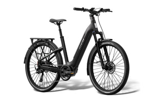 Aventon Level 4 ADV Step-Thru electric bike in matte black, side view, showcasing its sleek frame, integrated battery, and upright handlebars.