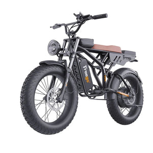 A black eMOTO FREEGO Shotgun Prime F2 Plus-Moto 1000W electric cargo e-bike with a sturdy frame, large tires, and rear cargo rack, photographed from the side.
