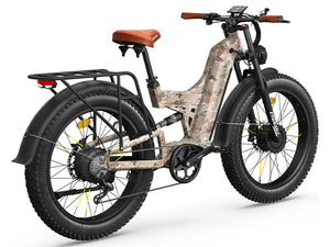 Freesky Warrior Ultra M-530 electric bike in camouflage design, side view, displayed outdoors