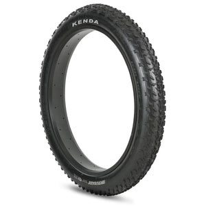 Electric fat tire bike featuring 26x4 inch Kenda Krusade tires, side view, black frame, outdoor background.