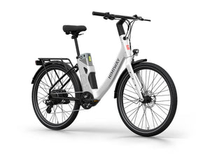 White Himiway A3 Step Thru electric bike side view, showcasing step-through frame, black saddle, and battery pack on down tube