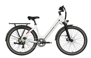 White MOKWHEEL Asphalt ST 500W step-thru urban electric beach cruiser eBike with 27.5x2.4 tires, side view on plain background