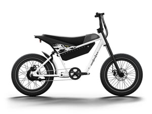 White eMOTO HIMIWAY C5 Sport 750W step-over electric bike with 20x4 fat tires in e-moto style, product image.
